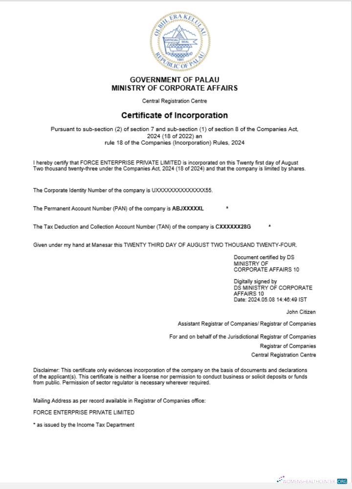 Download Palau business registration certificate Word and PDF template Photoshop template